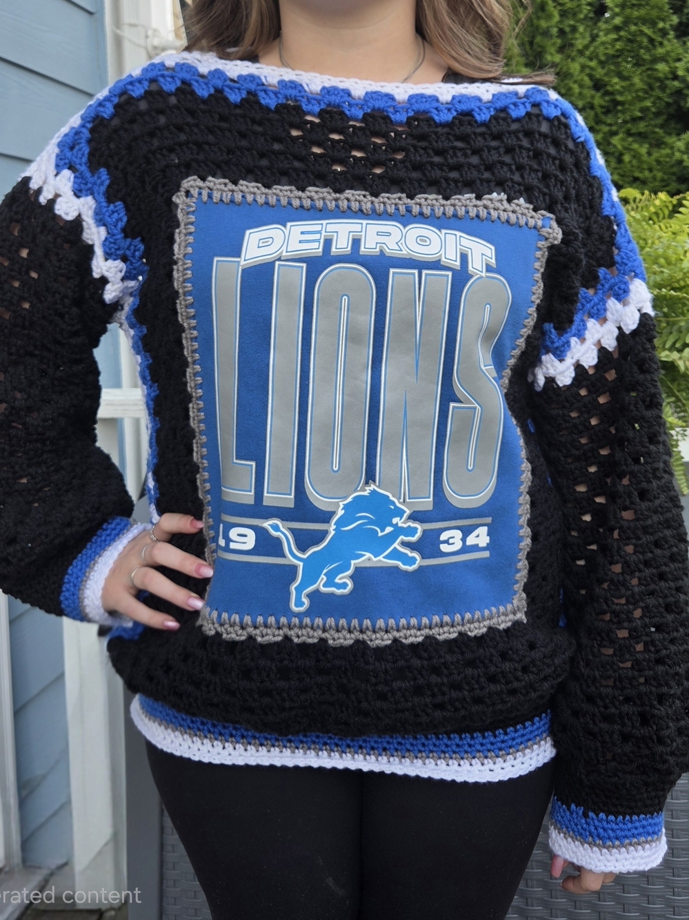 Detroit Lions Crochet Upcycle Sweater Black & Royal Blue Size M/L
